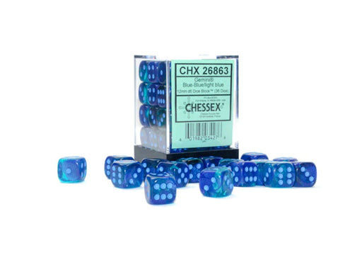 Chessex 12mm Dice, D6: Gemini Blue-Blue/light blue Luminary Dice Block