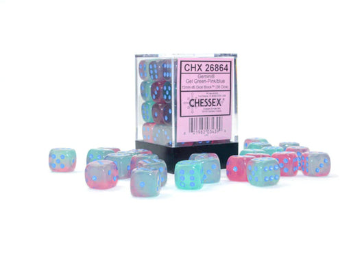 Chessex 12mm Dice, D6: Gemini Gel Green-Pink/blue Luminary Dice Block