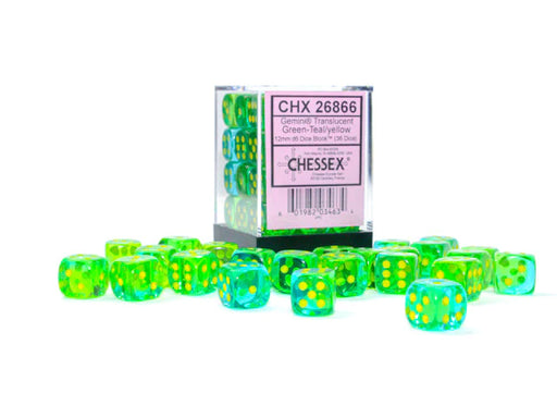 Chessex 12mm Dice, D6: Gemini Translucent Green-Teal/yellow Dice Block