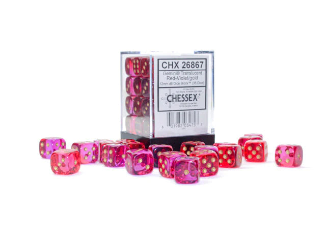 Chessex 12mm Dice, D6: Gemini Translucent Red-Violet/gold Dice Block
