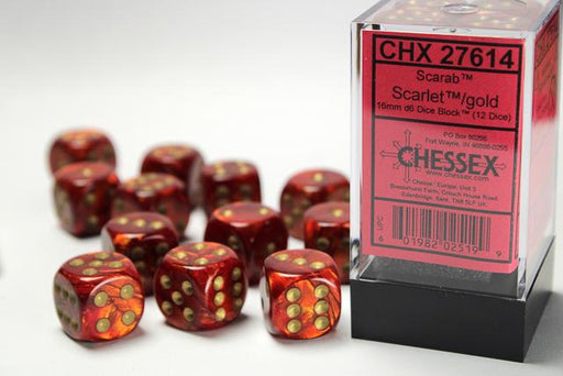 Chessex 16mm Dice, D6: Scarab Scarlet/Gold(12-Die Set)