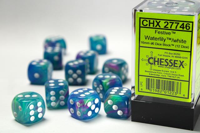 Chessex 16mm Dice, D6: Festive Waterlily/White(12-Die Set)