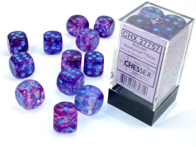 Chessex 16mm Dice, D6: Nebula Nocturnal/Blue (12-Die Set)