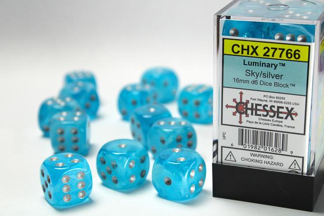 Chessex 16mm Dice, D6: Luminary Sky/Silver(12-Die Set)