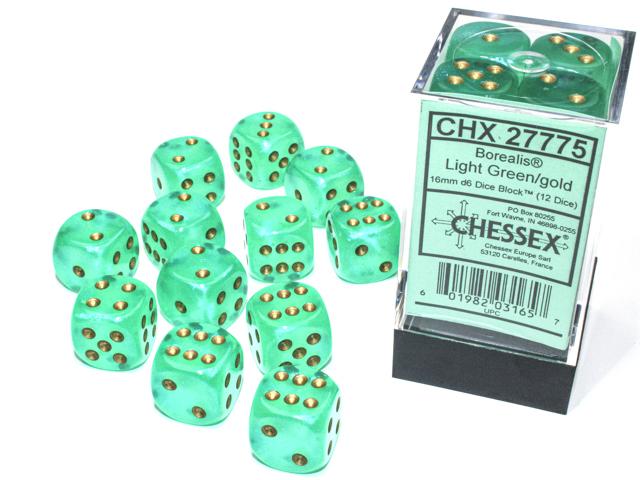 Chessex 16mm Dice, D6: Borealis Light Green/Gold (12-Die Set)