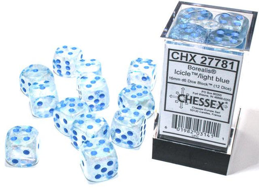 Chessex 16mm Dice, D6: Borealis Icicle/Light Blue (12-Die Set)