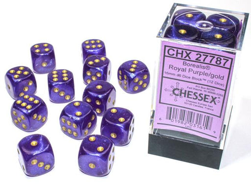 Chessex 16mm Dice, D6: Borealis Royal Purple/Gold(12-Die Set)