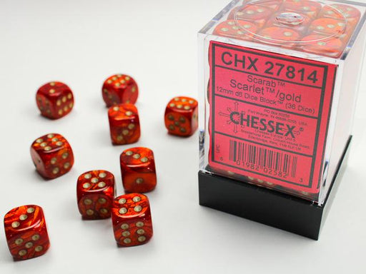 Chessex 12mm Dice, D6: Scarab Scarlet/Gold (36-Die Set)