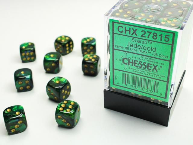 Chessex 12mm Dice, D6: Scarab Jade/Gold (36-Die Set)