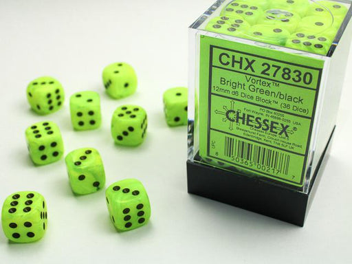 Chessex 12mm Dice, D6: Vortex Bright Green/Black (36-Die Set)