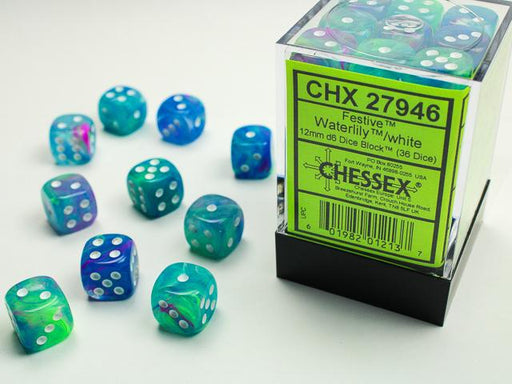 Chessex 12mm Dice, D6: Festive Waterlily/White (36-Die Set)