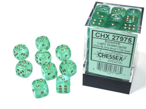 Chessex 12mm Dice, D6: Borealis Green/Gold (36-Die Set)