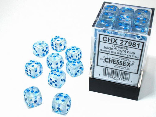 Chessex 12mm Dice, D6: Borealis Icicle/Light Blue (36-Die Set)