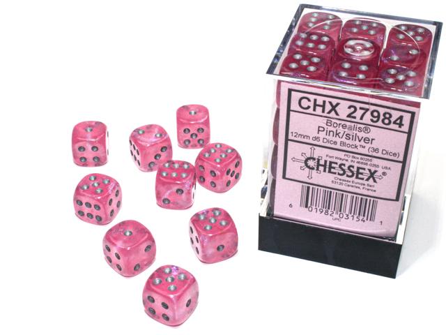 Chessex 12mm Dice, D6: Borealis Pink/Silver (36-Die Set)