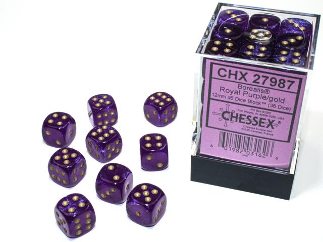 Chessex 12mm Dice, D6: Borealis Royal Purple/Gold(36-Die Set)