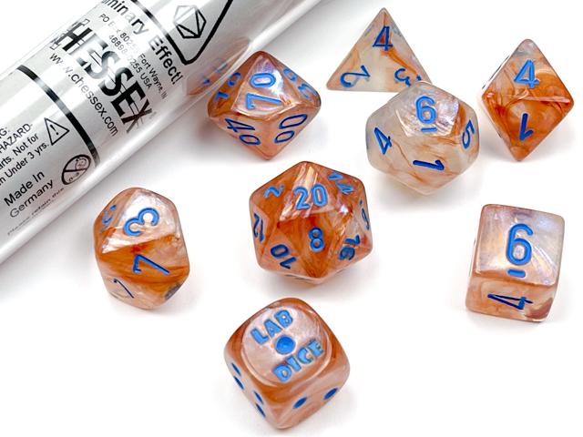 Chessex Polyhedral Lab Dice: Borealis Rose Gold/light blue Luminary 7-Die Set