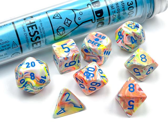 Chessex Polyhedral Lab Dice: Festive Kaleidoscope/blue 7-Die Set