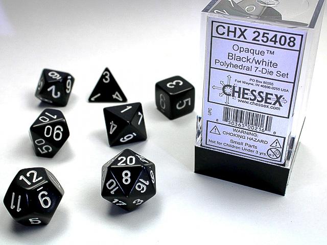 Chessex Polyhedral Dice: Opaque Black/White (7-Die Set)
