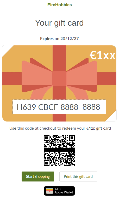 EireHobbies Online Gift Card/Voucher