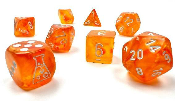 Chessex Polyhedral Lab Dice: Blood Orange/white Luminary 7-Die Set With Bonus Dice